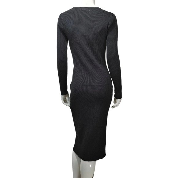 Black Deep V Neck Button Down Long Knit Bodycon Dress / Long Sleeve  Siz… - Picture 7 of 16